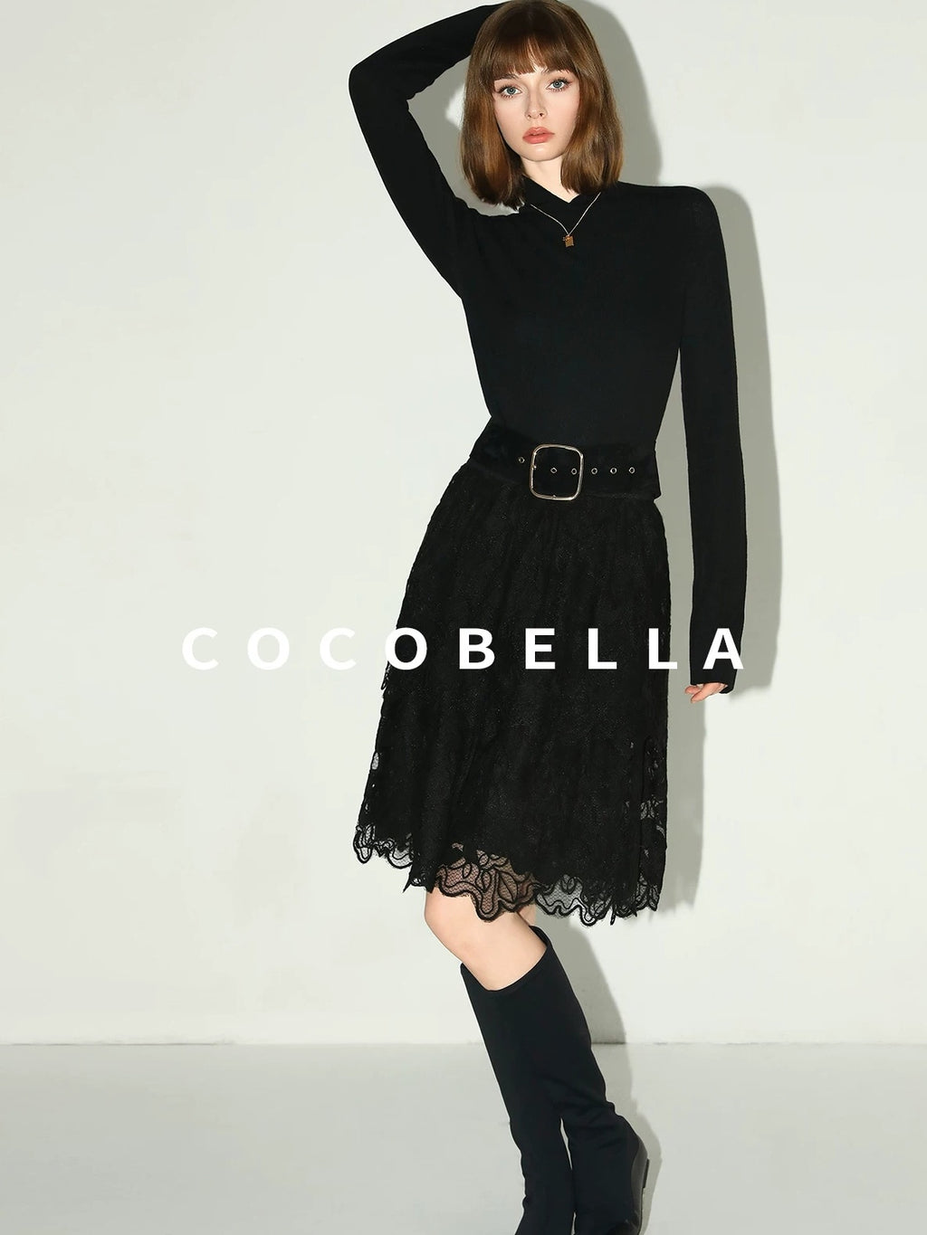 COCOBELLA Elegant High Waist Lace Mesh A Line Straight Office Commuter Black Nylon Skirts