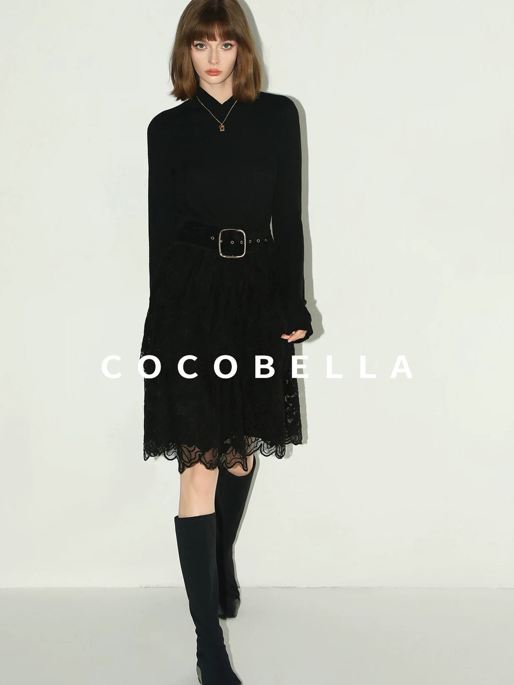 COCOBELLA Elegant High Waist Lace Mesh A Line Straight Office Commuter Black Nylon Skirts