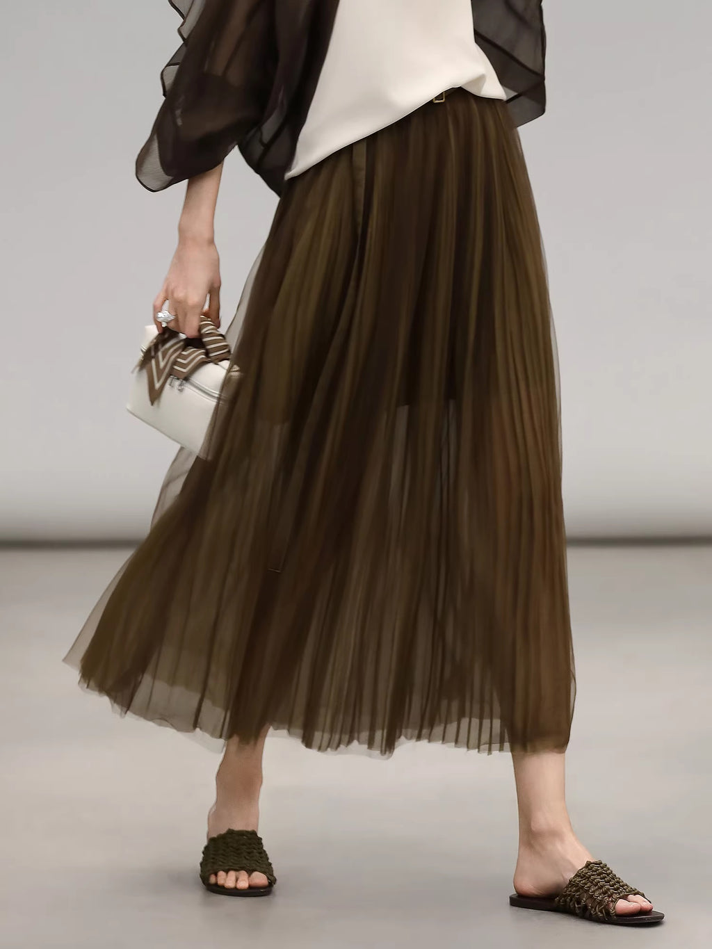 COCOBELLA_Elegant_High_Waist_Pleated_Tulle_Gold_Belt_A_Line_For_Office_Maxi_Skirts_MISSTT