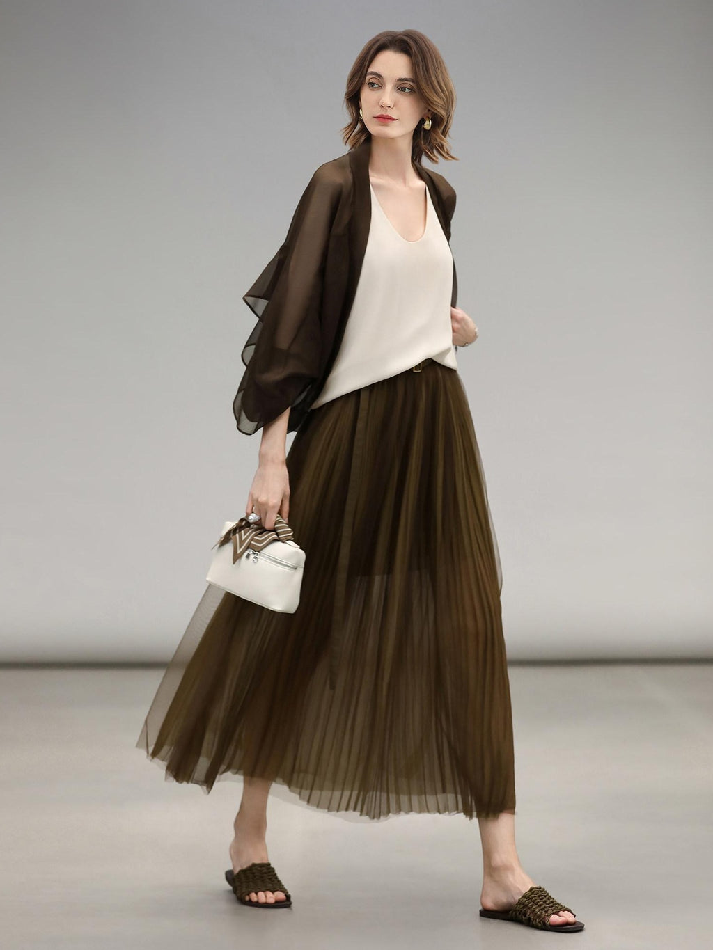 COCOBELLA Elegant High Waist Pleated Tulle Gold Belt A Line For Office Maxi Skirts