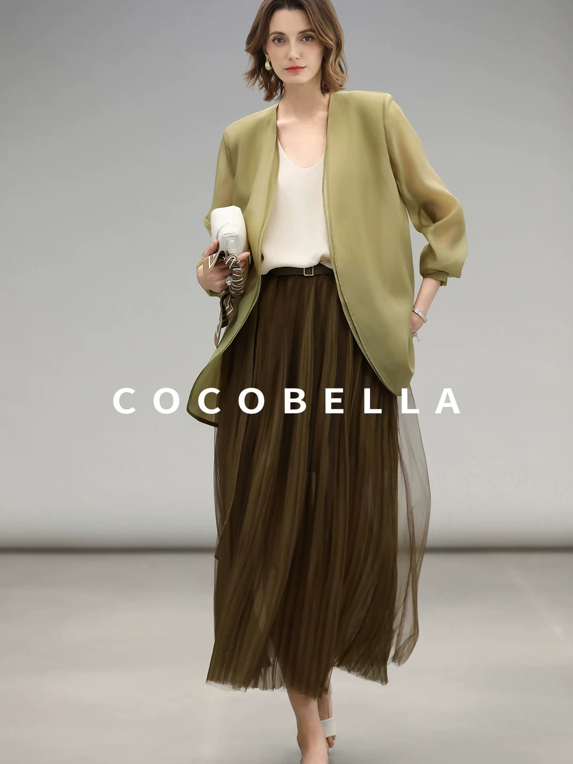 COCOBELLA Elegant High Waist Pleated Tulle Gold Belt A Line For Office Maxi Skirts