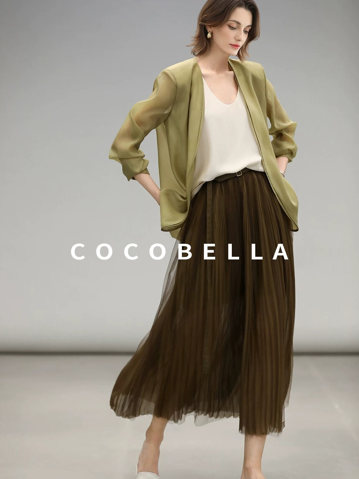 COCOBELLA Elegant High Waist Pleated Tulle Gold Belt A Line For Office Maxi Skirts