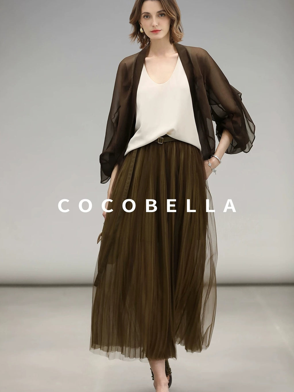 COCOBELLA Elegant High Waist Pleated Tulle Gold Belt A Line For Office Maxi Skirts