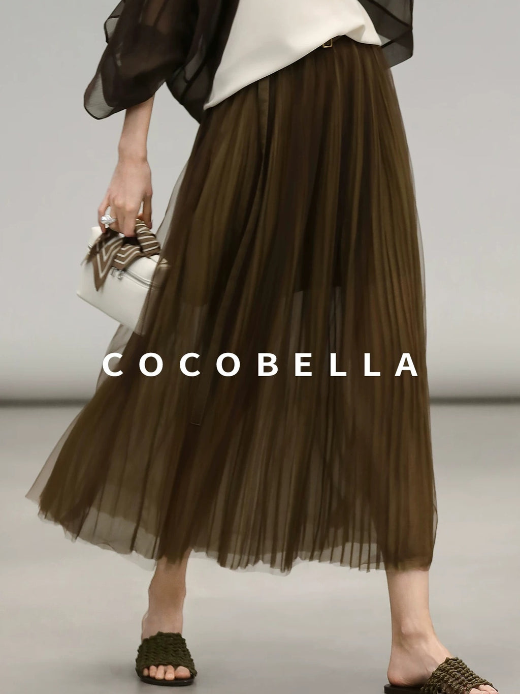 COCOBELLA Elegant High Waist Pleated Tulle Gold Belt A Line For Office Maxi Skirts