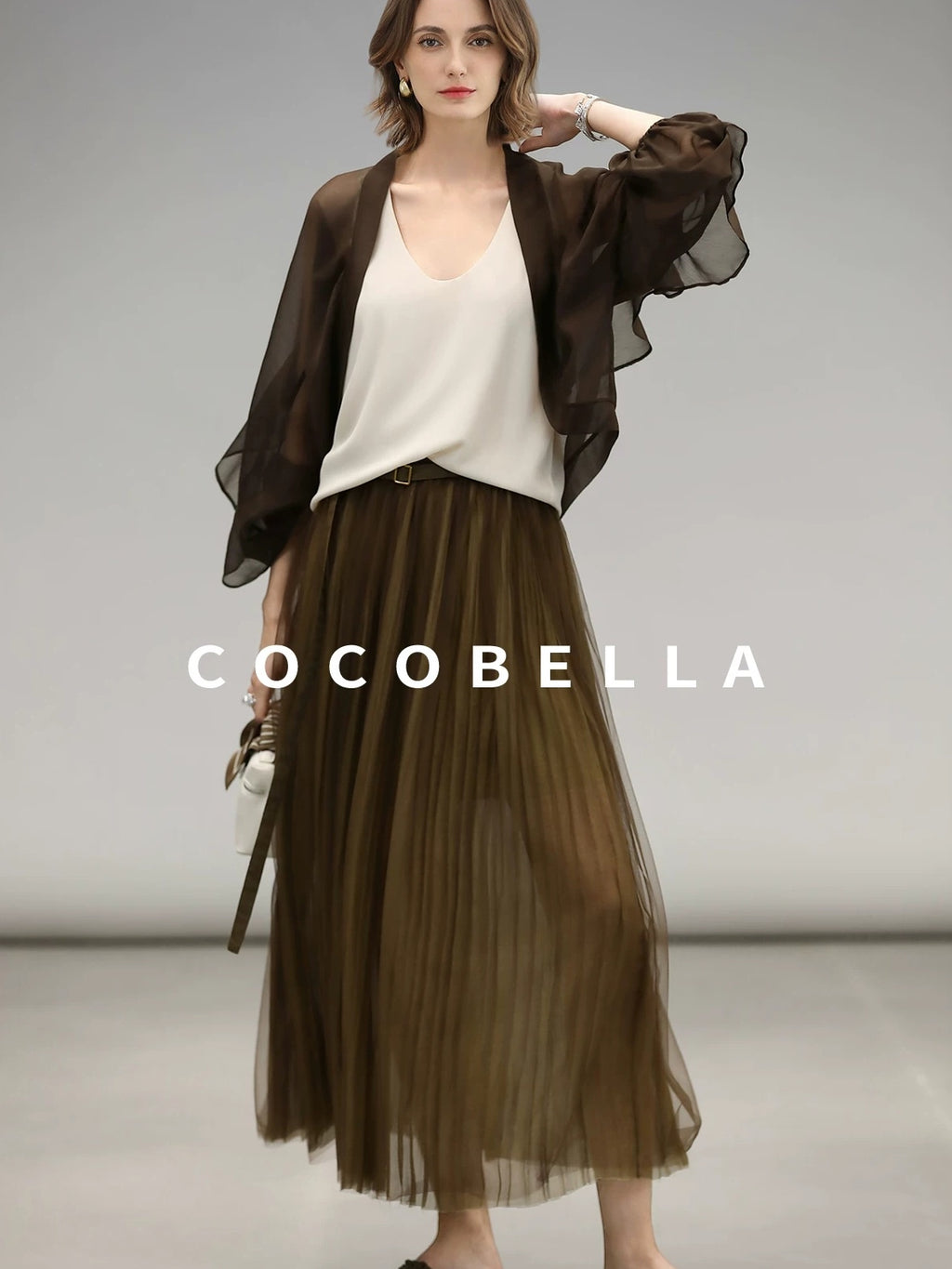 COCOBELLA Elegant High Waist Pleated Tulle Gold Belt A Line For Office Maxi Skirts
