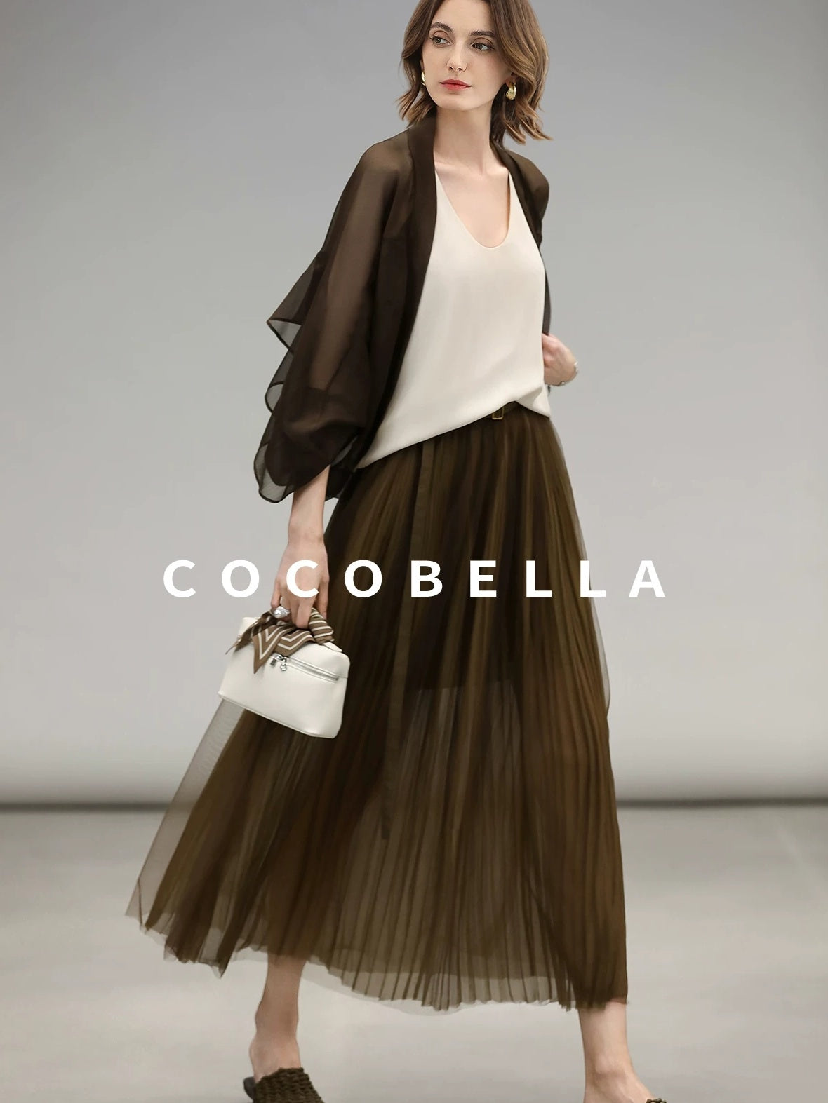 COCOBELLA Elegant High Waist Pleated Tulle Gold Belt A Line For Office Maxi Skirts