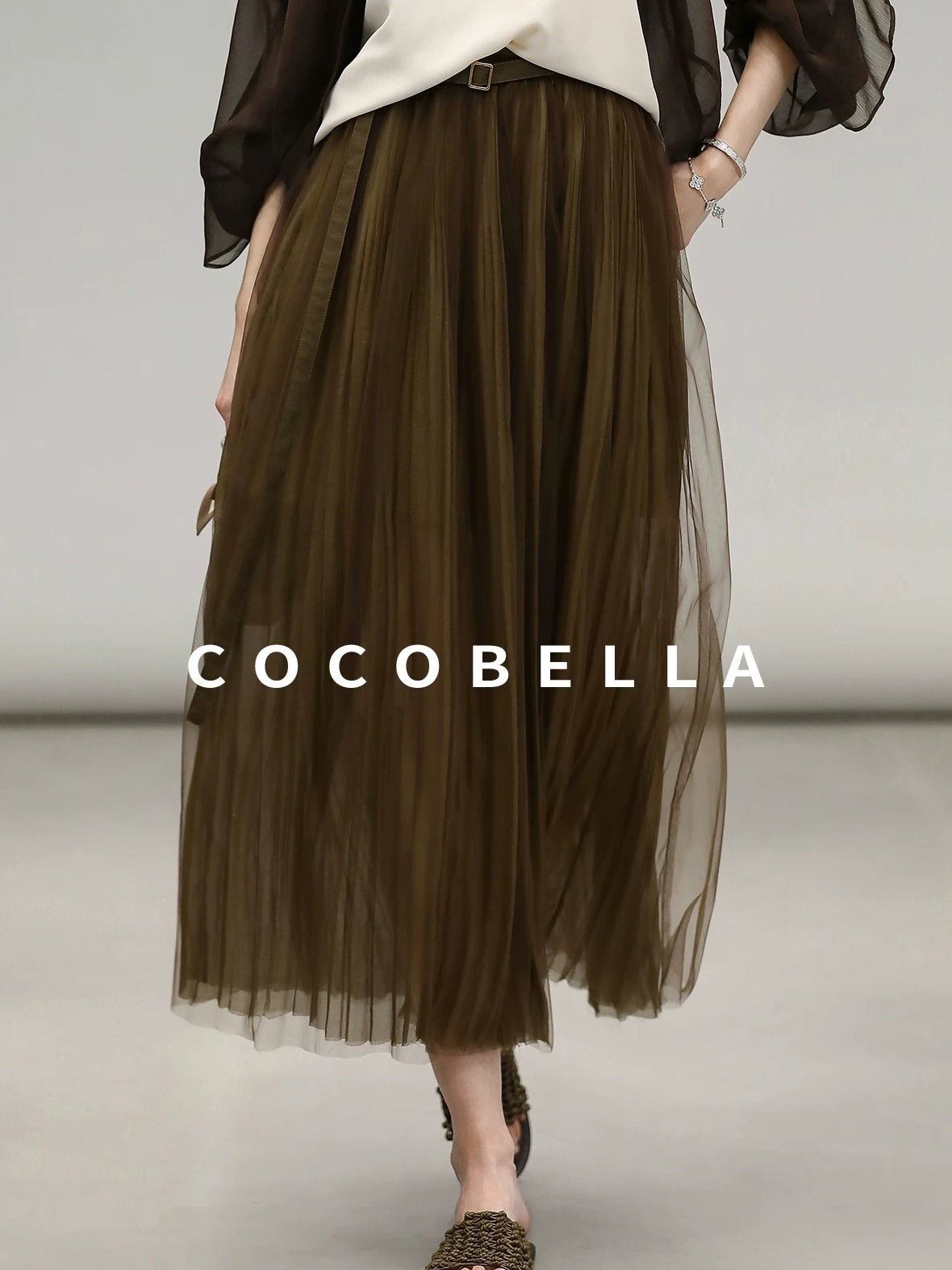COCOBELLA Elegant High Waist Pleated Tulle Gold Belt A Line For Office Maxi Skirts