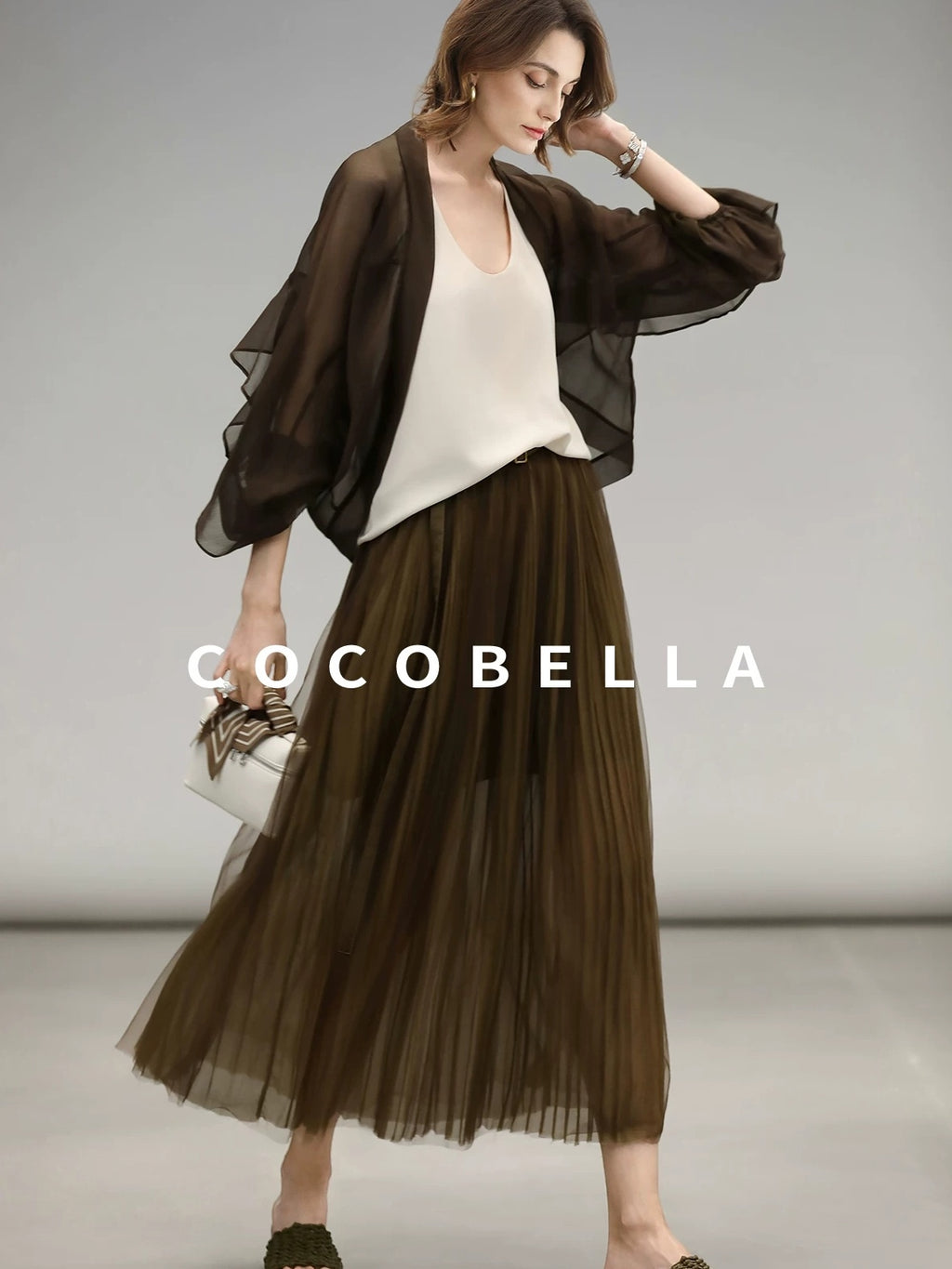 COCOBELLA Elegant High Waist Pleated Tulle Gold Belt A Line For Office Maxi Skirts