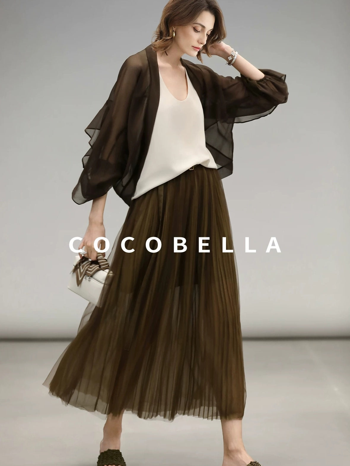 COCOBELLA Elegant High Waist Pleated Tulle Gold Belt A Line For Office Maxi Skirts