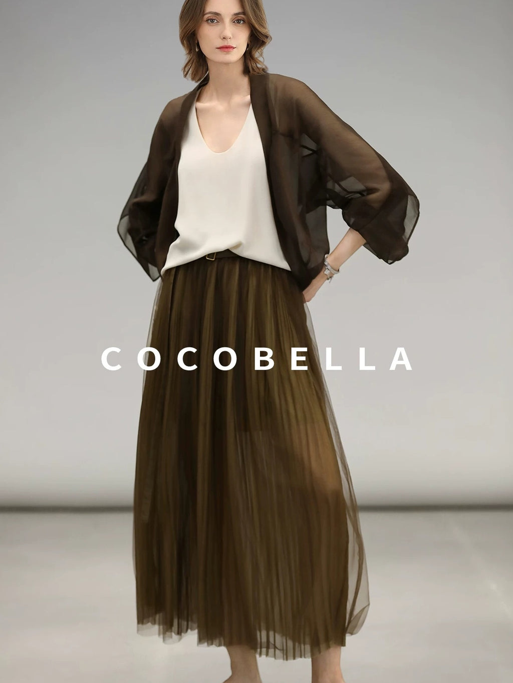 COCOBELLA Elegant High Waist Pleated Tulle Gold Belt A Line For Office Maxi Skirts