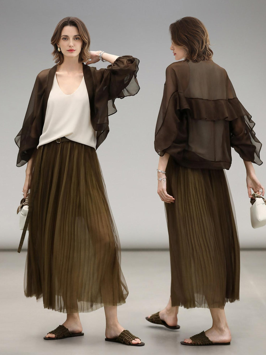 COCOBELLA Elegant High Waist Pleated Tulle Gold Belt A Line For Office Maxi Skirts