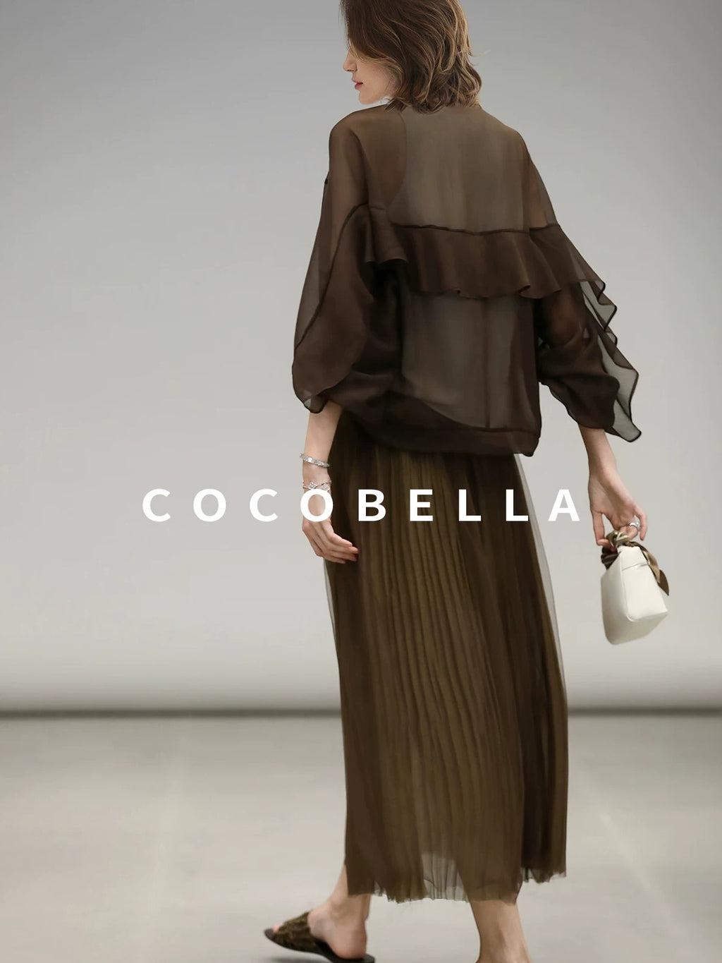 COCOBELLA Elegant High Waist Pleated Tulle Gold Belt A Line For Office Maxi Skirts