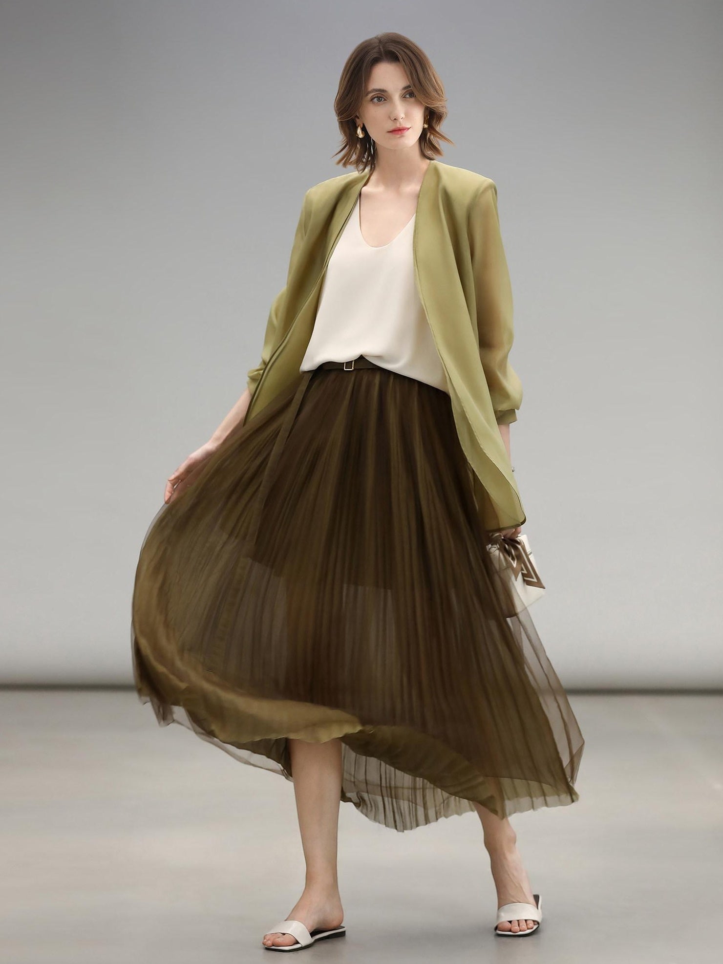 COCOBELLA Elegant High Waist Pleated Tulle Gold Belt A Line For Office Maxi Skirts