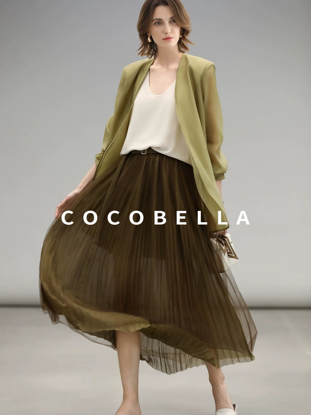 COCOBELLA Elegant High Waist Pleated Tulle Gold Belt A Line For Office Maxi Skirts