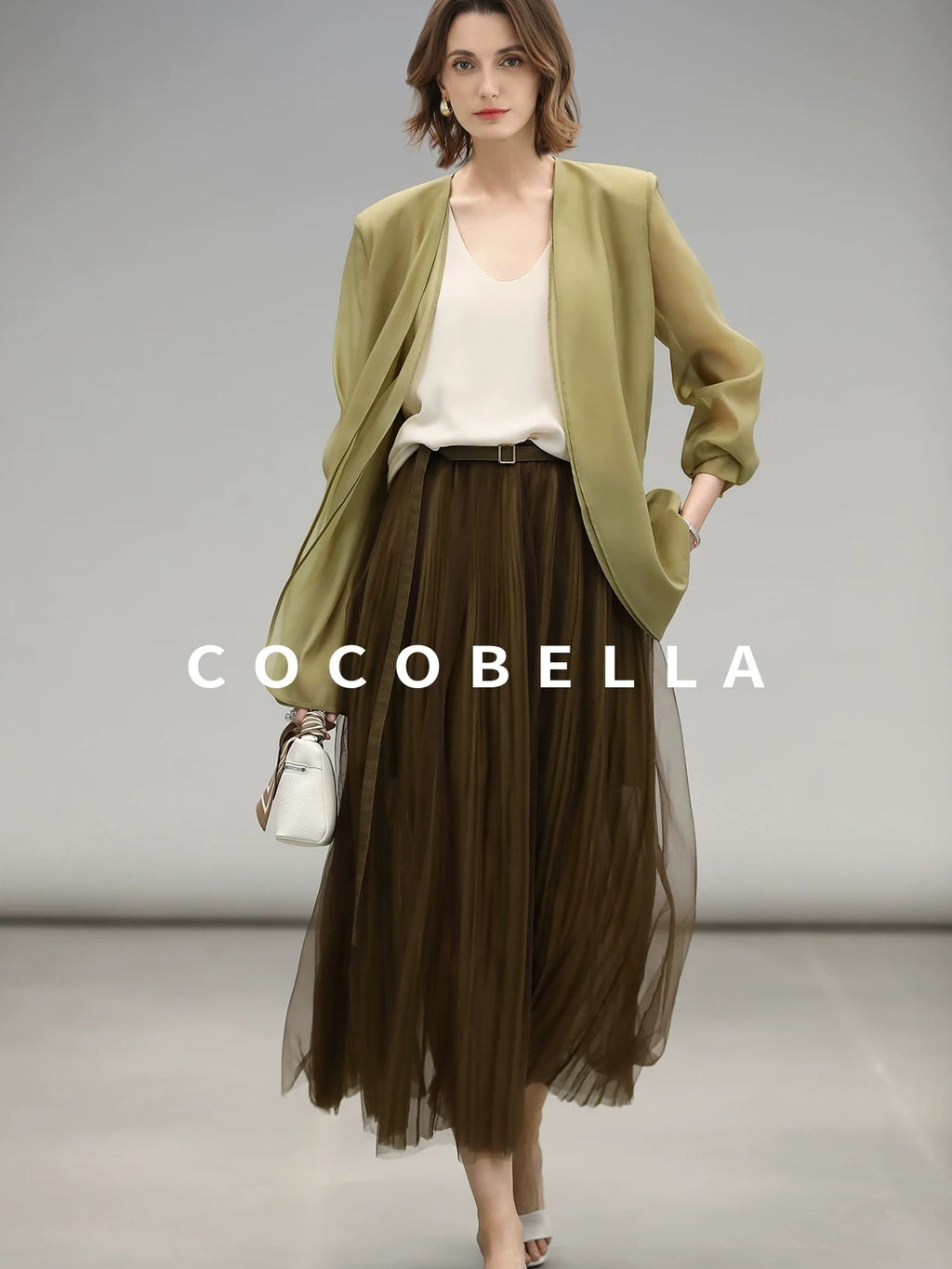 COCOBELLA Elegant High Waist Pleated Tulle Gold Belt A Line For Office Maxi Skirts