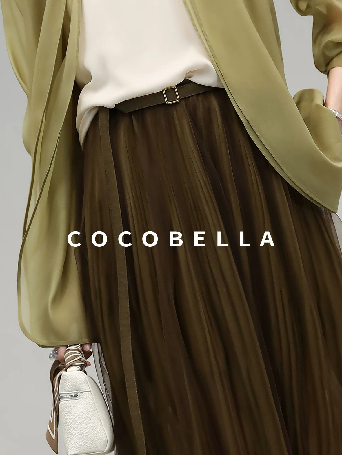 COCOBELLA Elegant High Waist Pleated Tulle Gold Belt A Line For Office Maxi Skirts