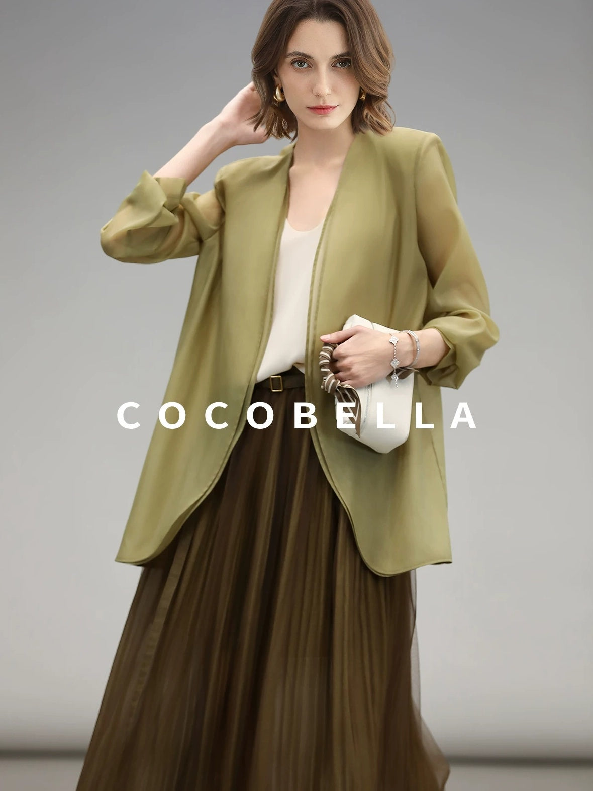 COCOBELLA Elegant High Waist Pleated Tulle Gold Belt A Line For Office Maxi Skirts