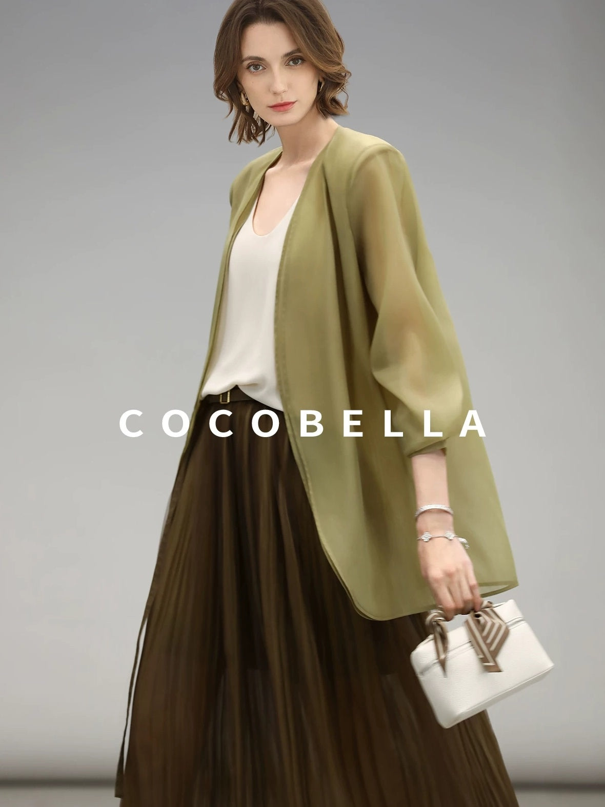 COCOBELLA Elegant High Waist Pleated Tulle Gold Belt A Line For Office Maxi Skirts