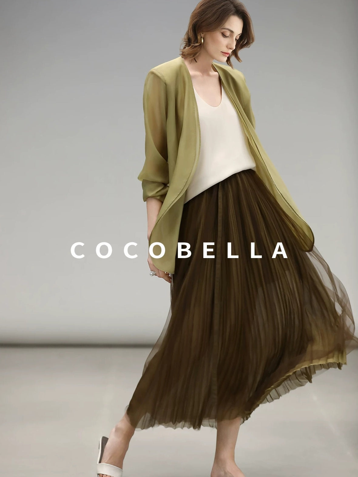 COCOBELLA Elegant High Waist Pleated Tulle Gold Belt A Line For Office Maxi Skirts