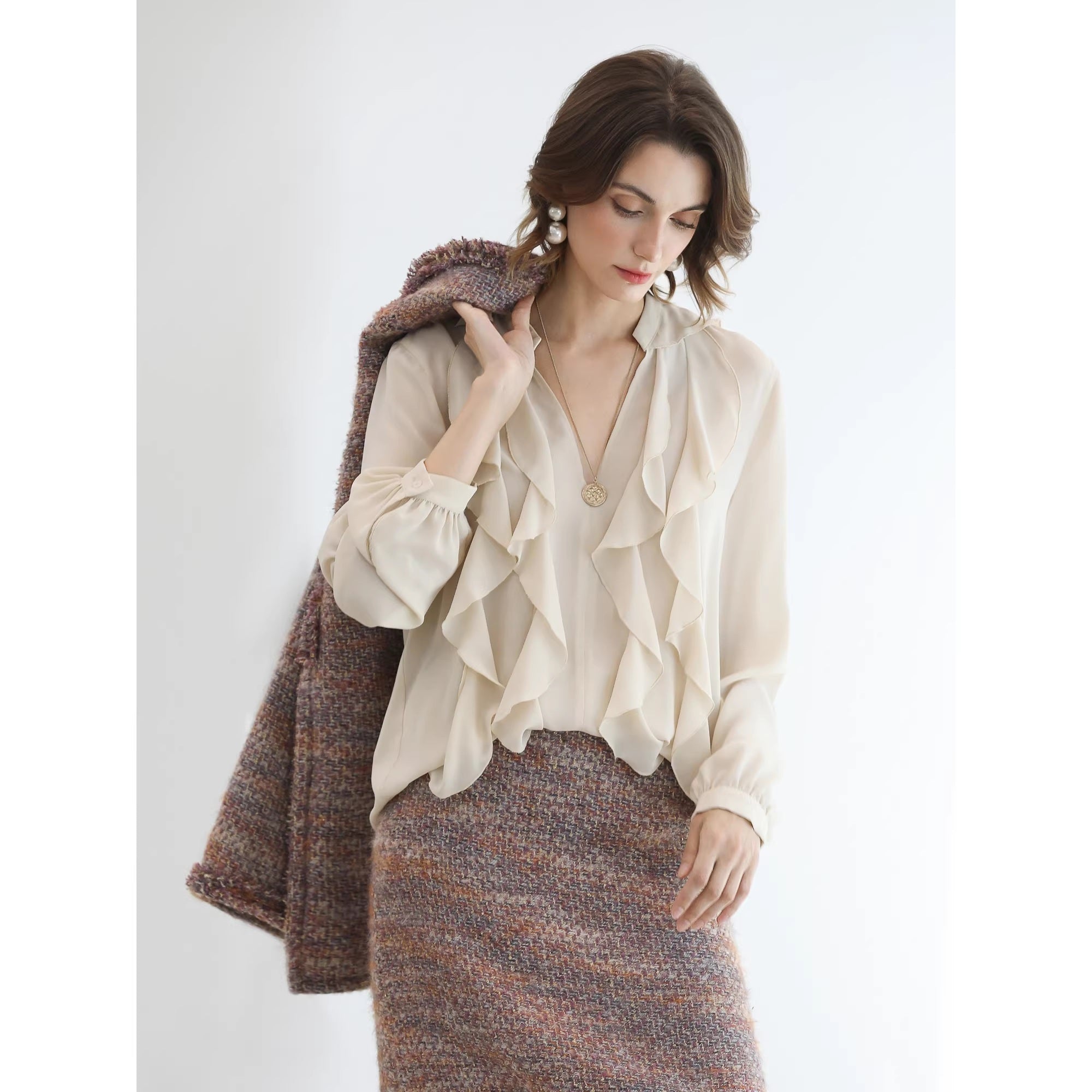 COCOBELLA_Elegant_Ivory_Chiffon_Ruffle_Collar_V_Neck_Straight_Fit_Women_Long_Sleeve_Shirts_MISSTT