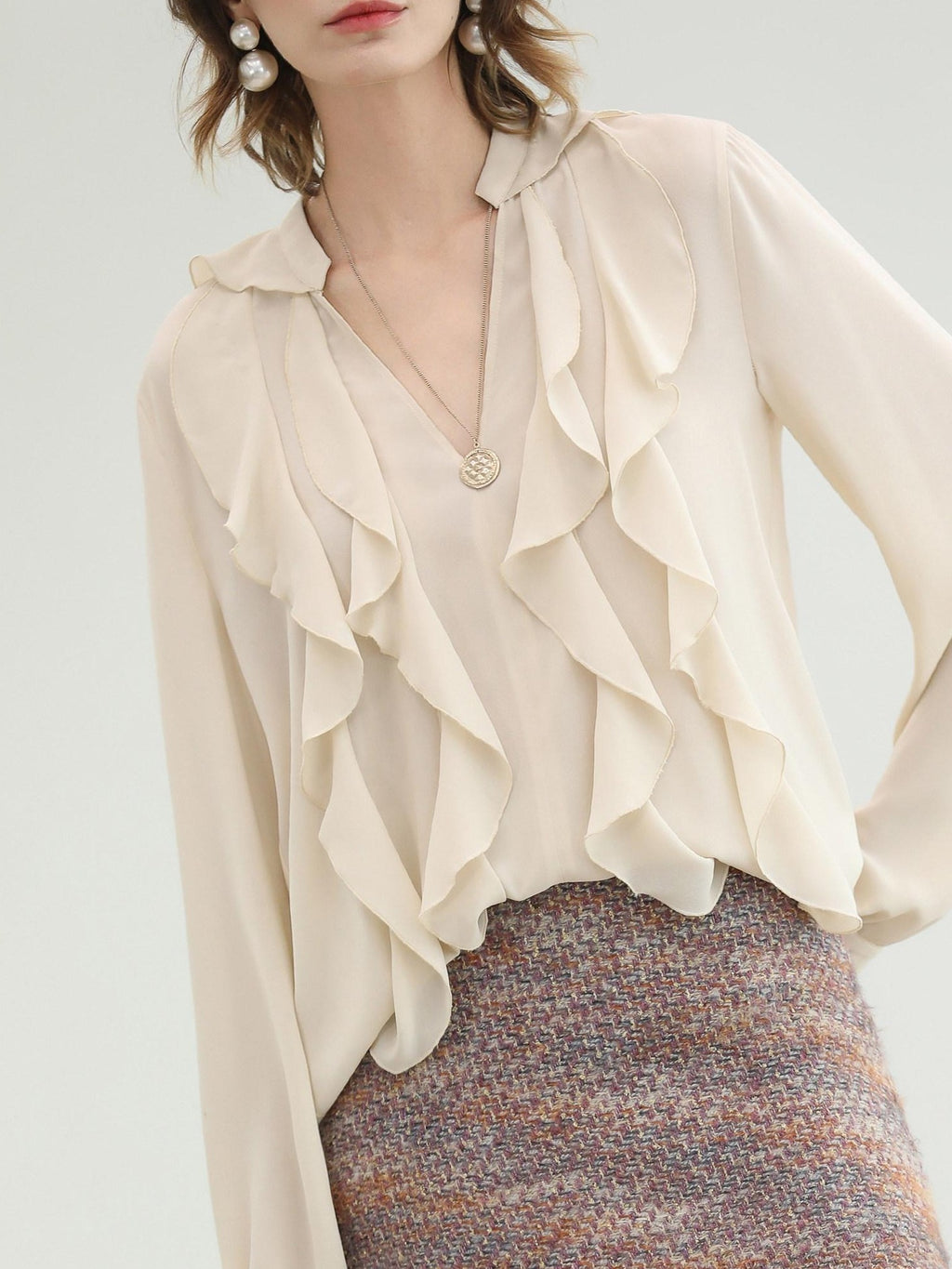 COCOBELLA Elegant Ivory Chiffon Ruffle Collar V Neck Straight Fit Women Long Sleeve Shirts