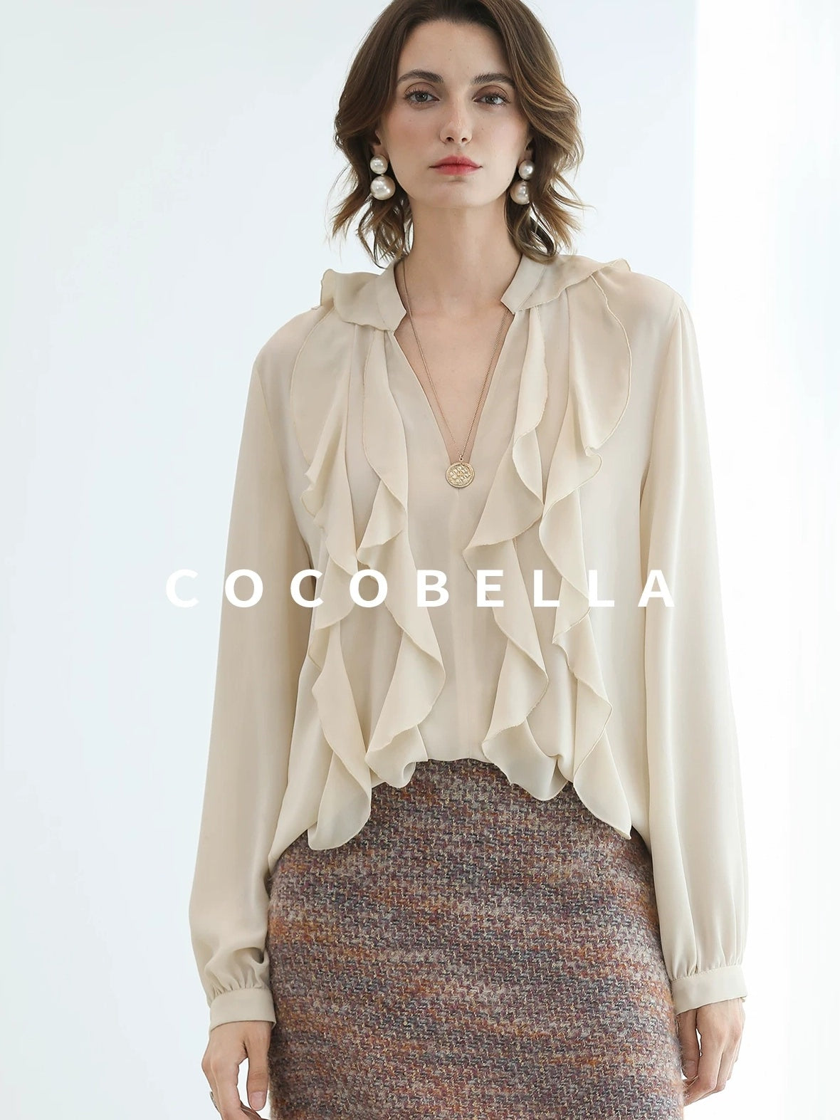 COCOBELLA Elegant Ivory Chiffon Ruffle Collar V Neck Straight Fit Women Long Sleeve Shirts