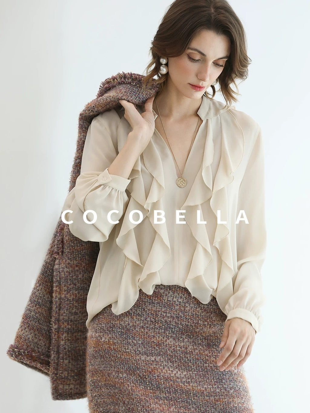 COCOBELLA Elegant Ivory Chiffon Ruffle Collar V Neck Straight Fit Women Long Sleeve Shirts