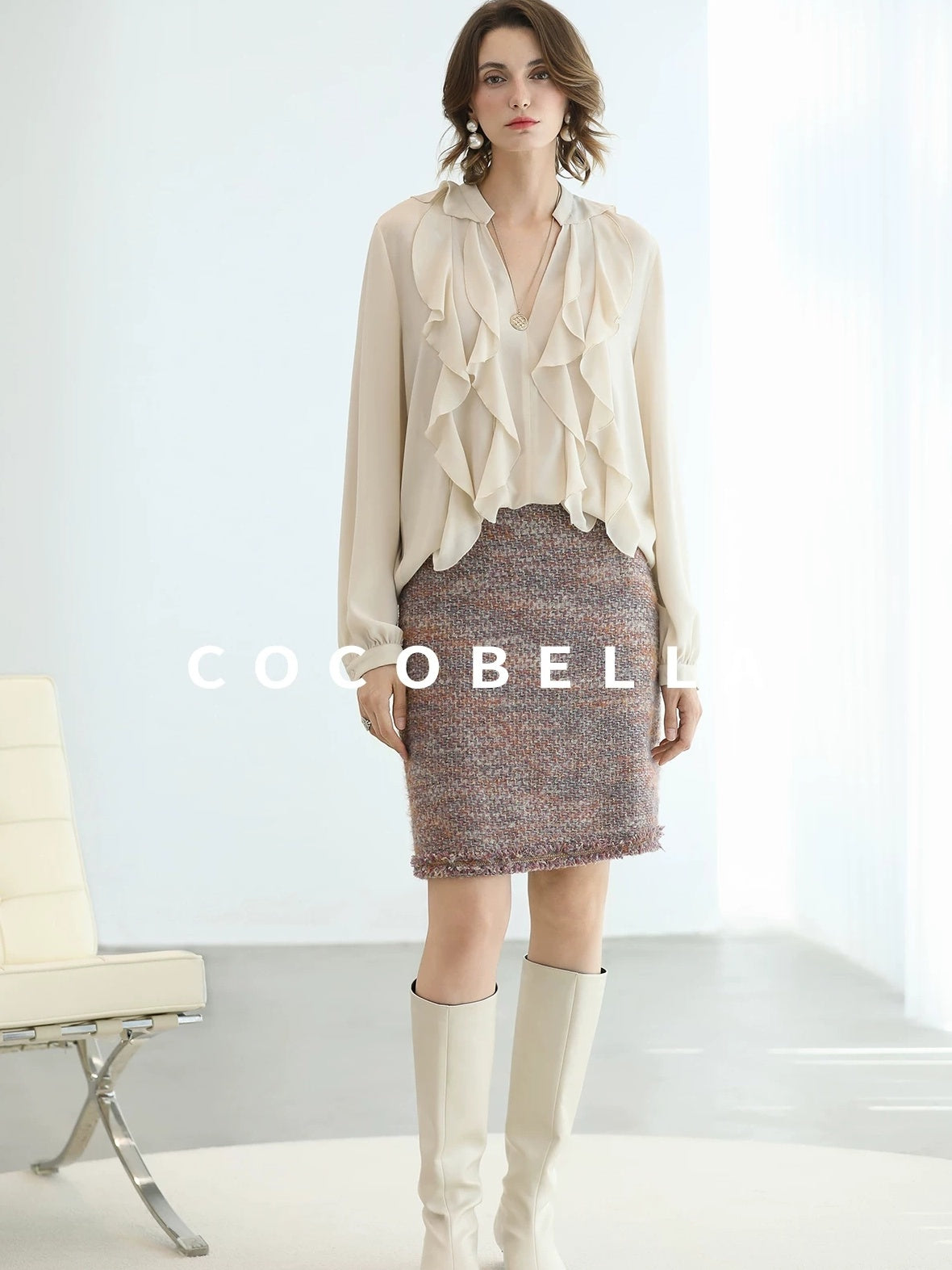 COCOBELLA Elegant Ivory Chiffon Ruffle Collar V Neck Straight Fit Women Long Sleeve Shirts