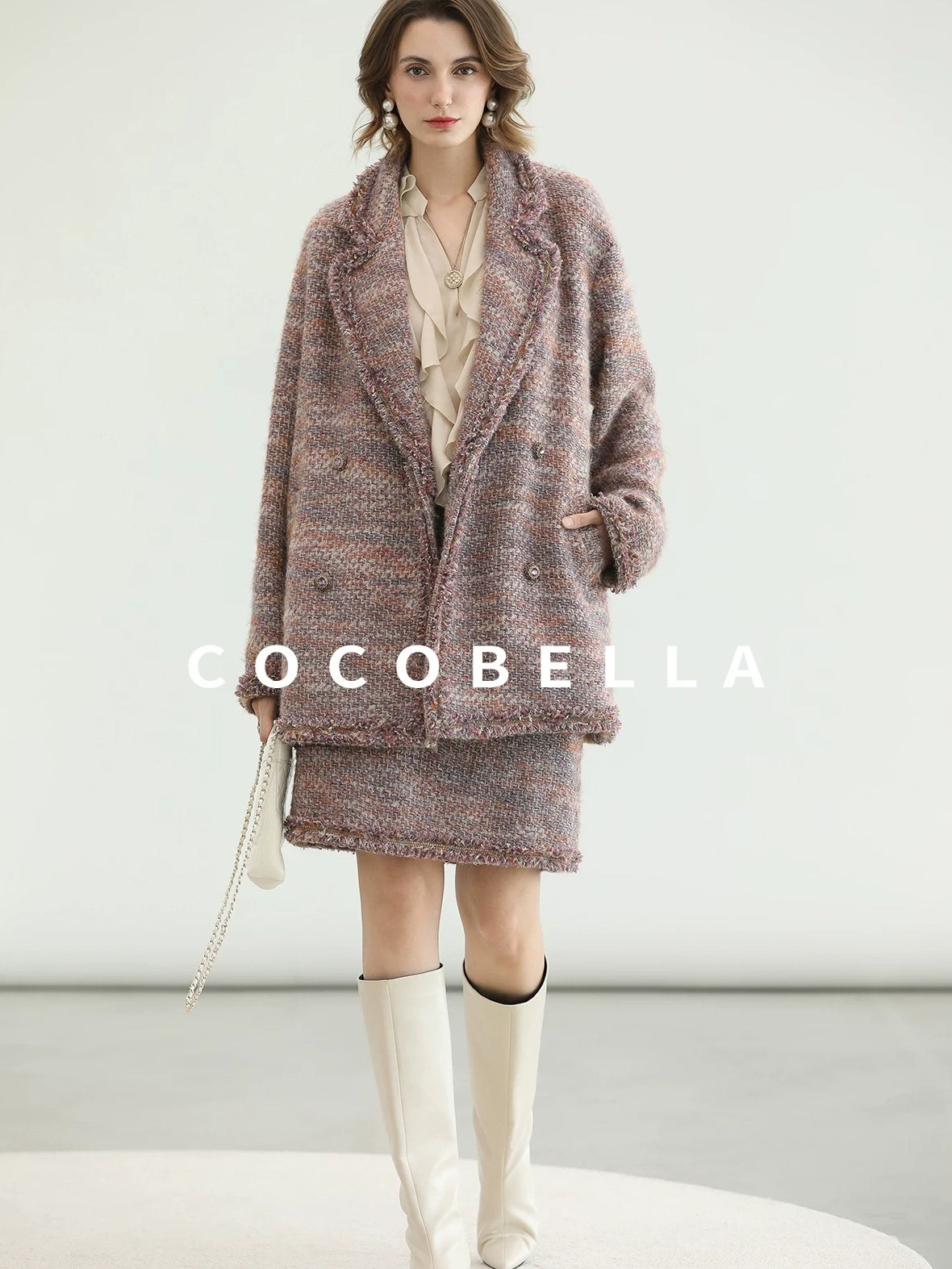 COCOBELLA Elegant Ivory Chiffon Ruffle Collar V Neck Straight Fit Women Long Sleeve Shirts