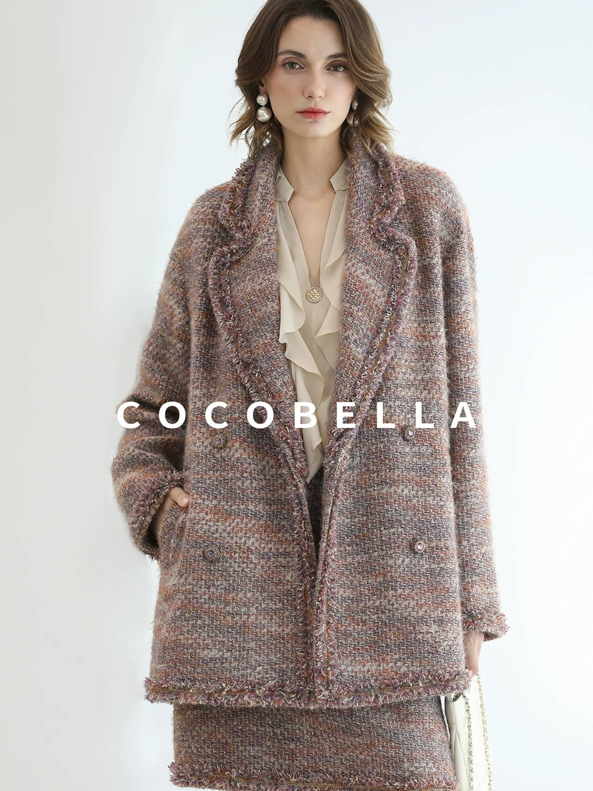 COCOBELLA Elegant Ivory Chiffon Ruffle Collar V Neck Straight Fit Women Long Sleeve Shirts