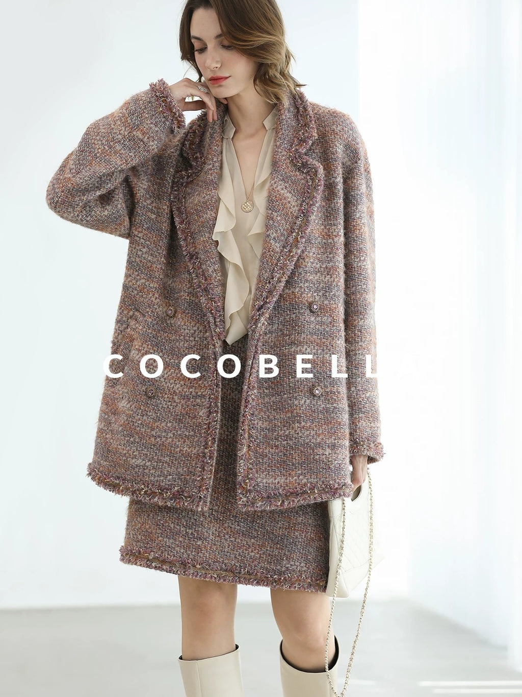 COCOBELLA Elegant Ivory Chiffon Ruffle Collar V Neck Straight Fit Women Long Sleeve Shirts