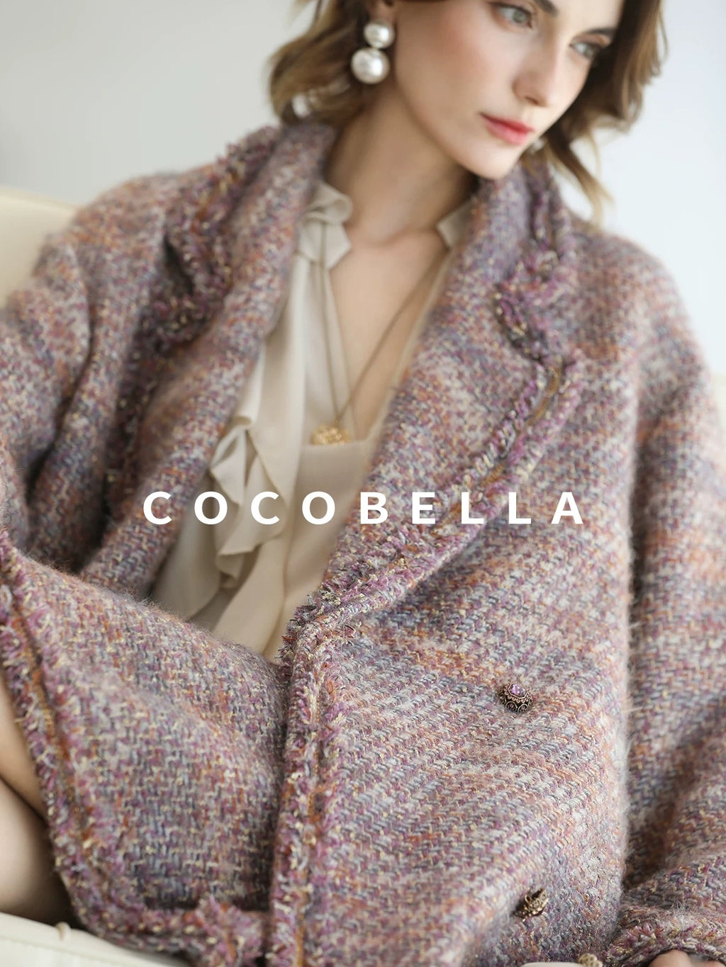 COCOBELLA Elegant Ivory Chiffon Ruffle Collar V Neck Straight Fit Women Long Sleeve Shirts