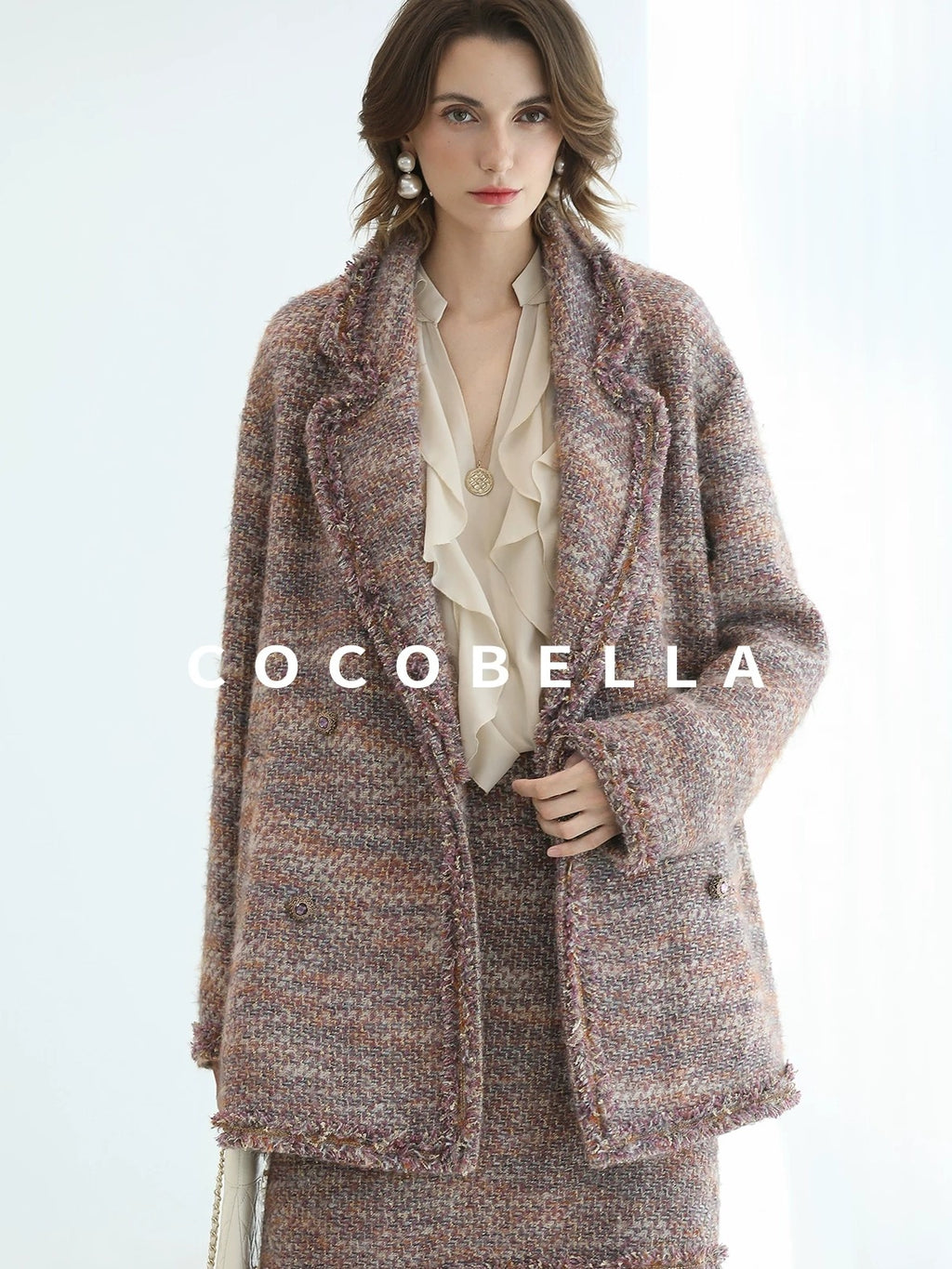 COCOBELLA Elegant Ivory Chiffon Ruffle Collar V Neck Straight Fit Women Long Sleeve Shirts