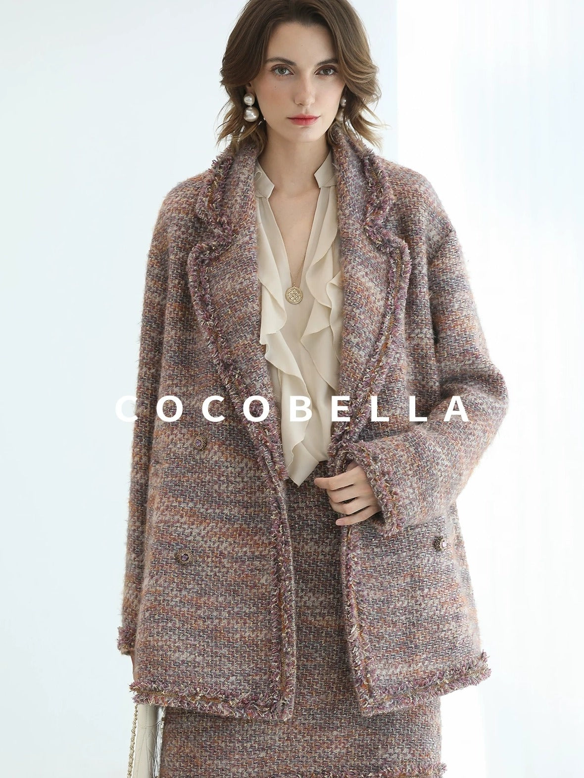 COCOBELLA Elegant Ivory Chiffon Ruffle Collar V Neck Straight Fit Women Long Sleeve Shirts