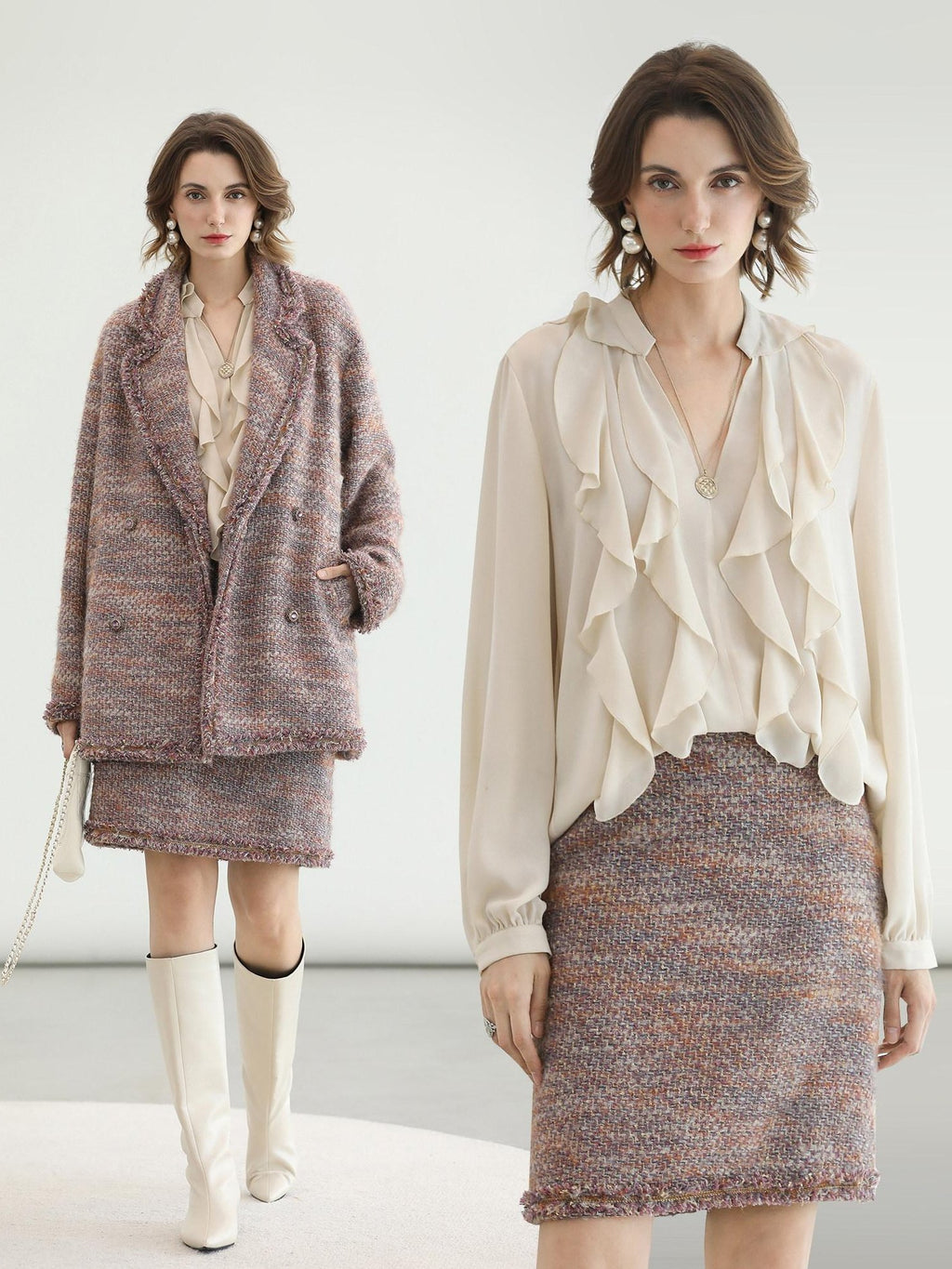 COCOBELLA Elegant Ivory Chiffon Ruffle Collar V Neck Straight Fit Women Long Sleeve Shirts