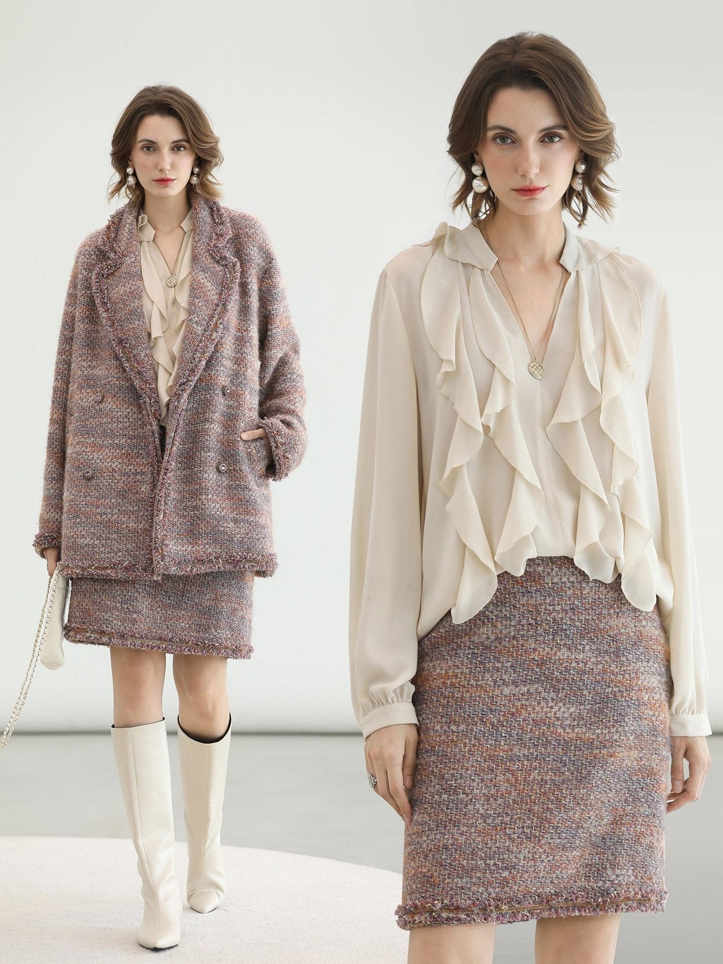 COCOBELLA Elegant Ivory Chiffon Ruffle Collar V Neck Straight Fit Women Long Sleeve Shirts