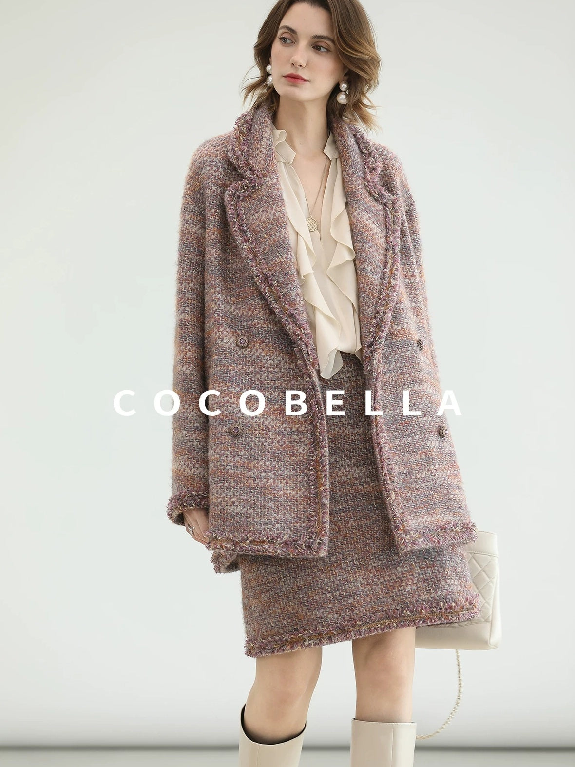 COCOBELLA Elegant Ivory Chiffon Ruffle Collar V Neck Straight Fit Women Long Sleeve Shirts