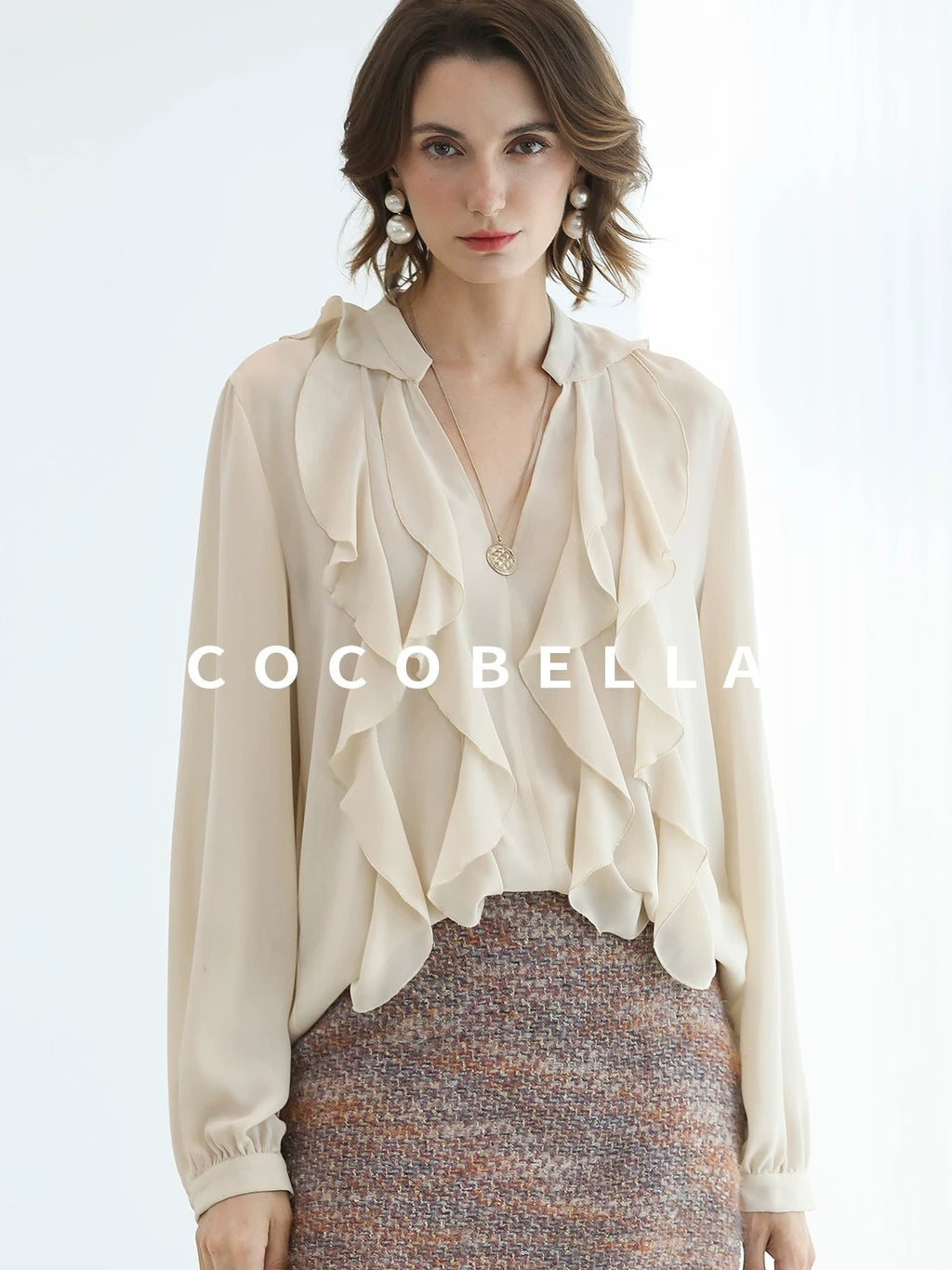 COCOBELLA Elegant Ivory Chiffon Ruffle Collar V Neck Straight Fit Women Long Sleeve Shirts