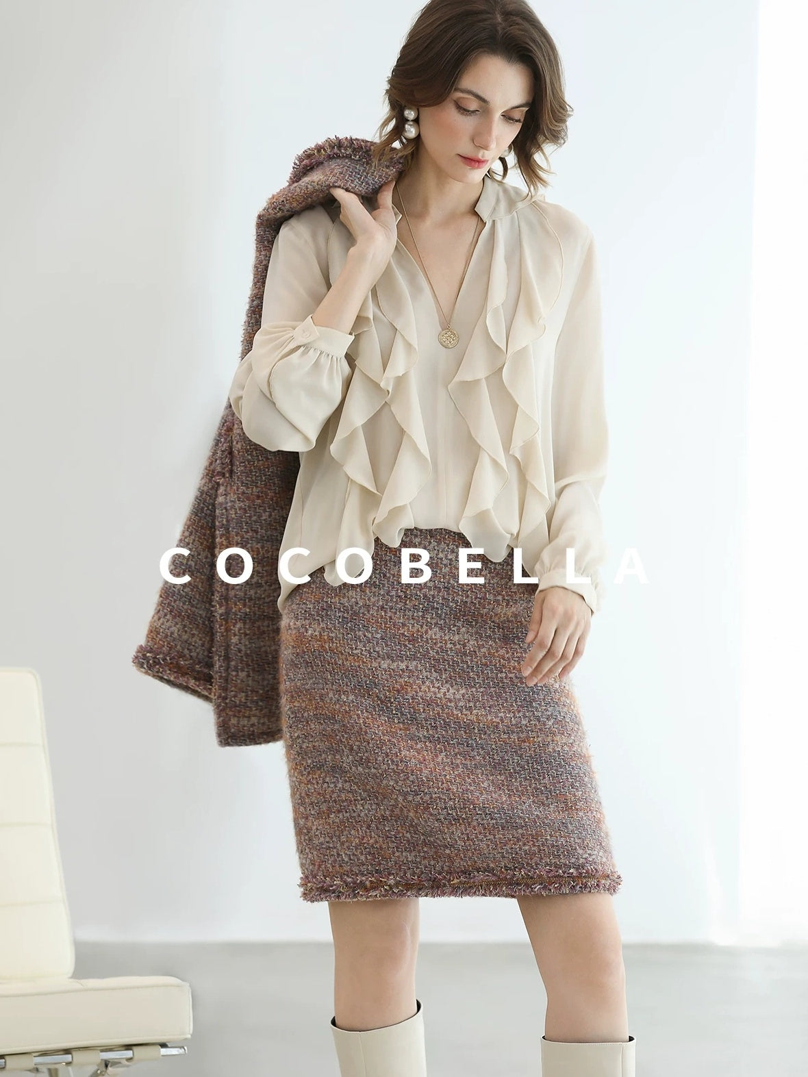 COCOBELLA Elegant Ivory Chiffon Ruffle Collar V Neck Straight Fit Women Long Sleeve Shirts