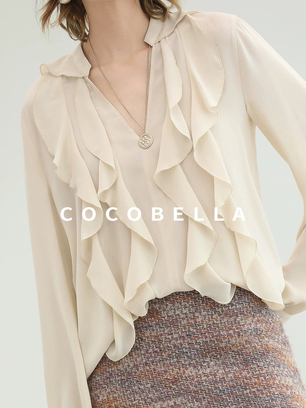 COCOBELLA Elegant Ivory Chiffon Ruffle Collar V Neck Straight Fit Women Long Sleeve Shirts