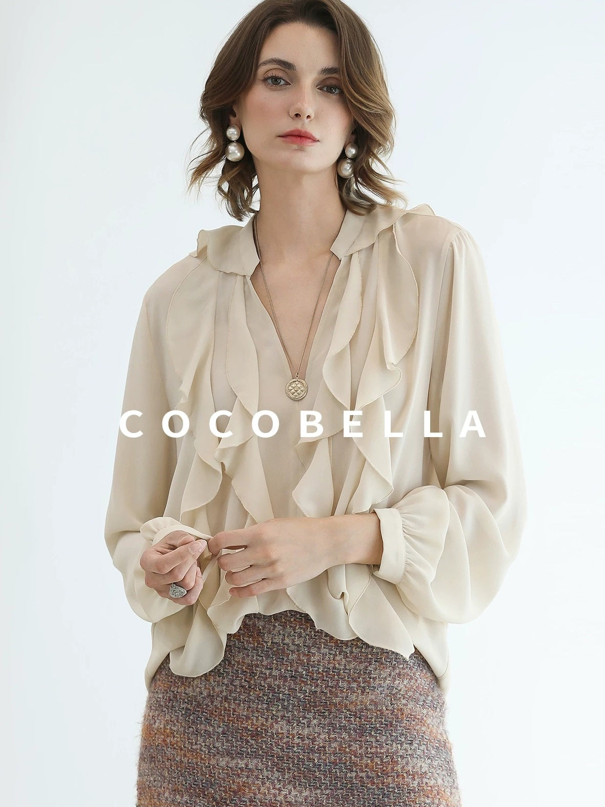COCOBELLA Elegant Ivory Chiffon Ruffle Collar V Neck Straight Fit Women Long Sleeve Shirts