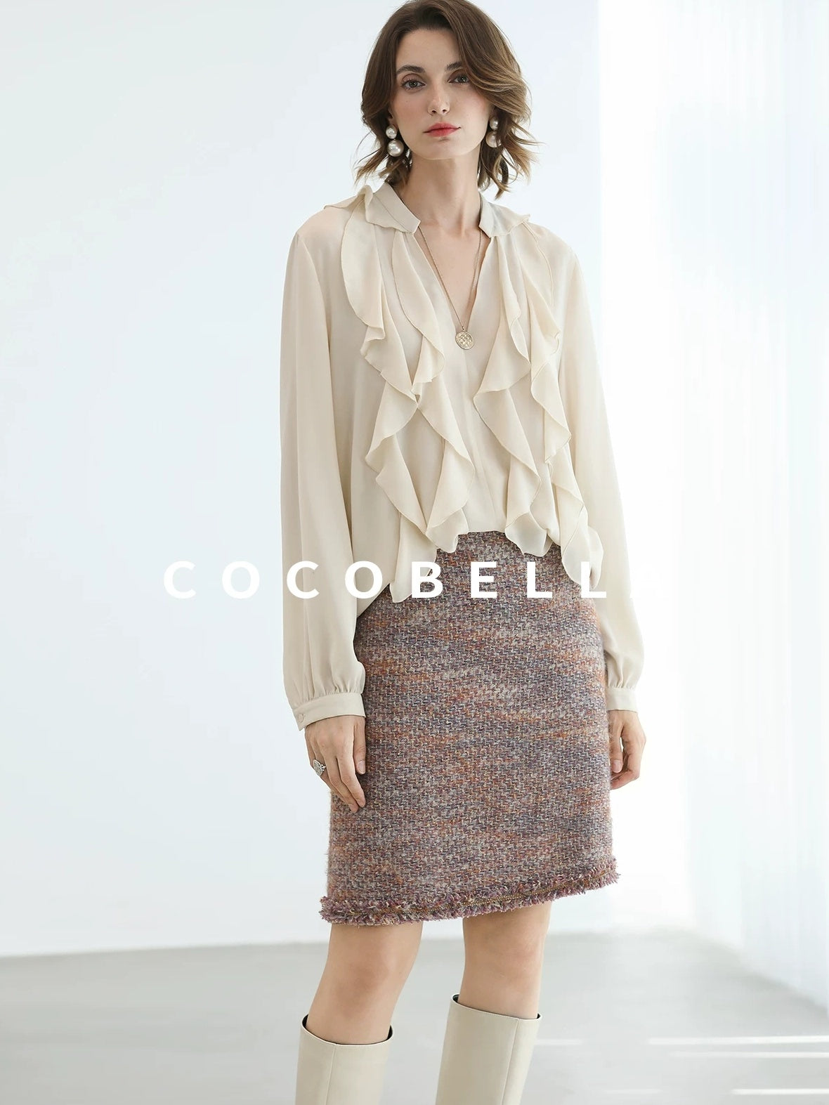 COCOBELLA Elegant Ivory Chiffon Ruffle Collar V Neck Straight Fit Women Long Sleeve Shirts