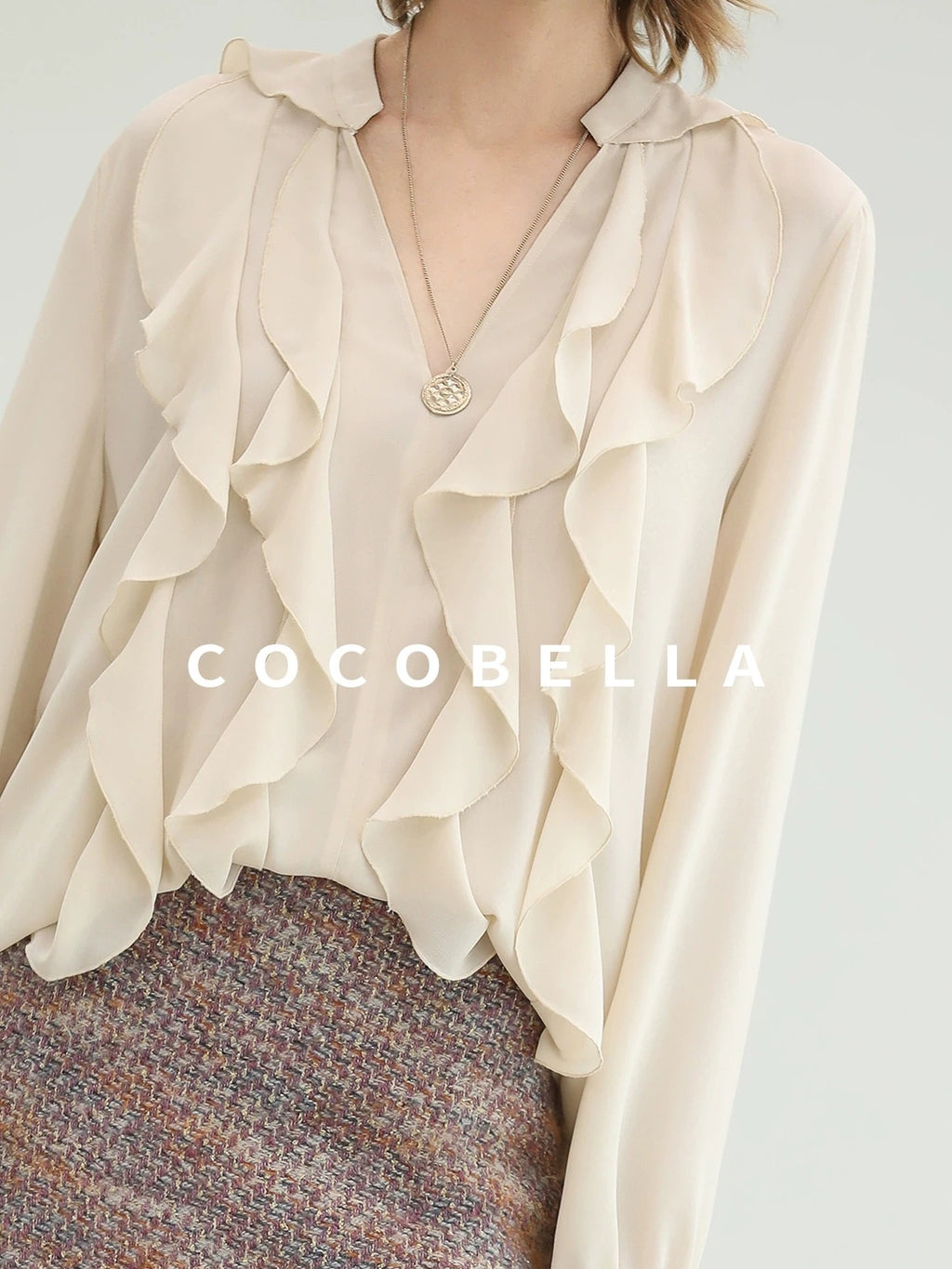 COCOBELLA Elegant Ivory Chiffon Ruffle Collar V Neck Straight Fit Women Long Sleeve Shirts