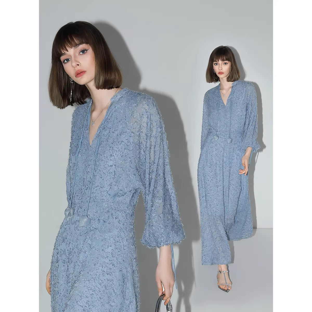 COCOBELLA_Elegant_Jacquard_3D_Floral_V_Neck_Dress_Cinched_Waist_Office_Sky_Blue_Dresses_MISSTT