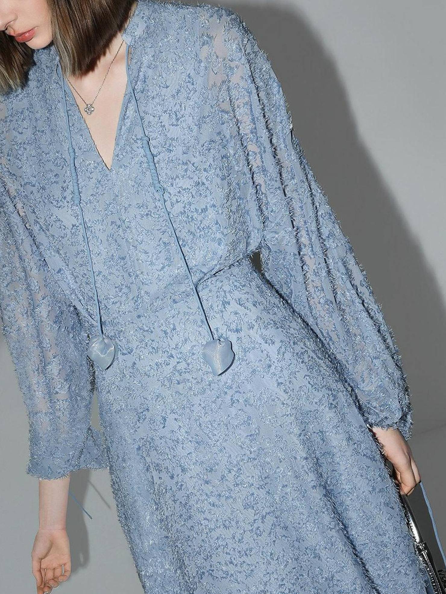 COCOBELLA Elegant Jacquard 3D Floral V Neck Dress Cinched Waist Office Sky Blue Dresses