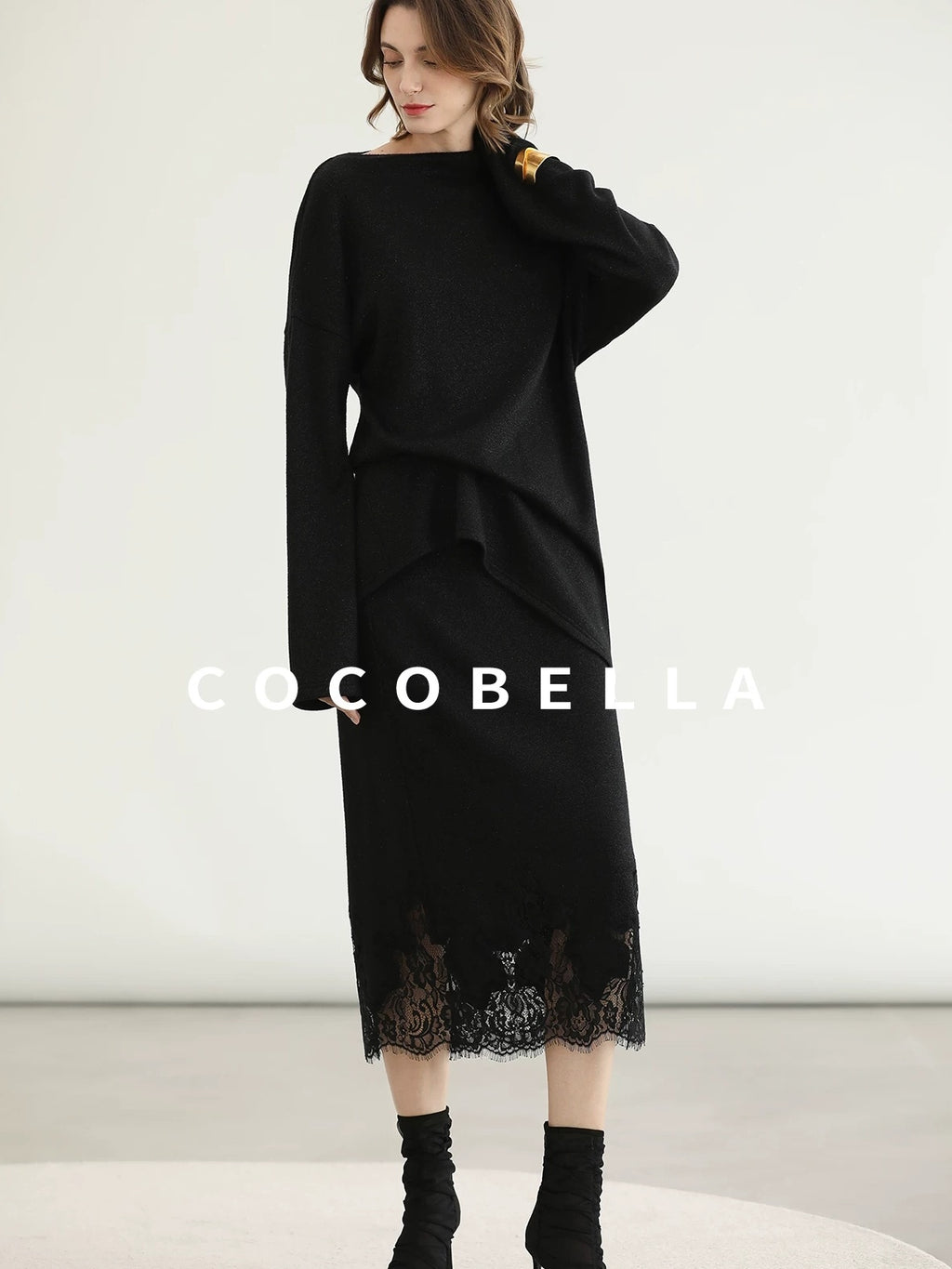 COCOBELLA Elegant Lace Patchwork H Line Mid Waist Women Classic Black Wrap Skirts