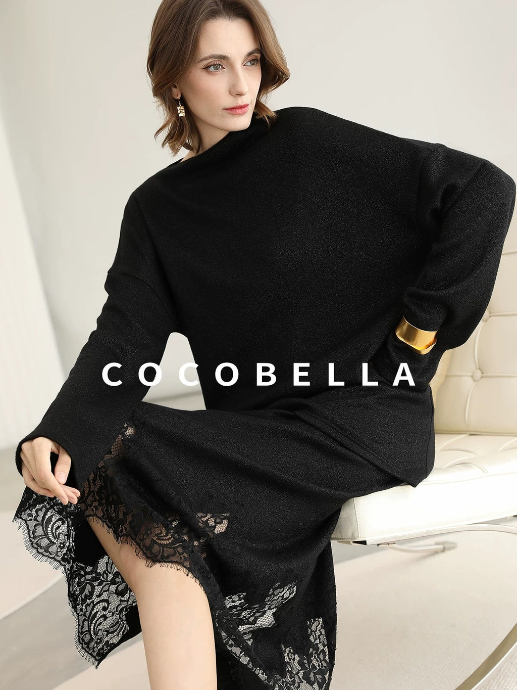 COCOBELLA Elegant Lace Patchwork H Line Mid Waist Women Classic Black Wrap Skirts