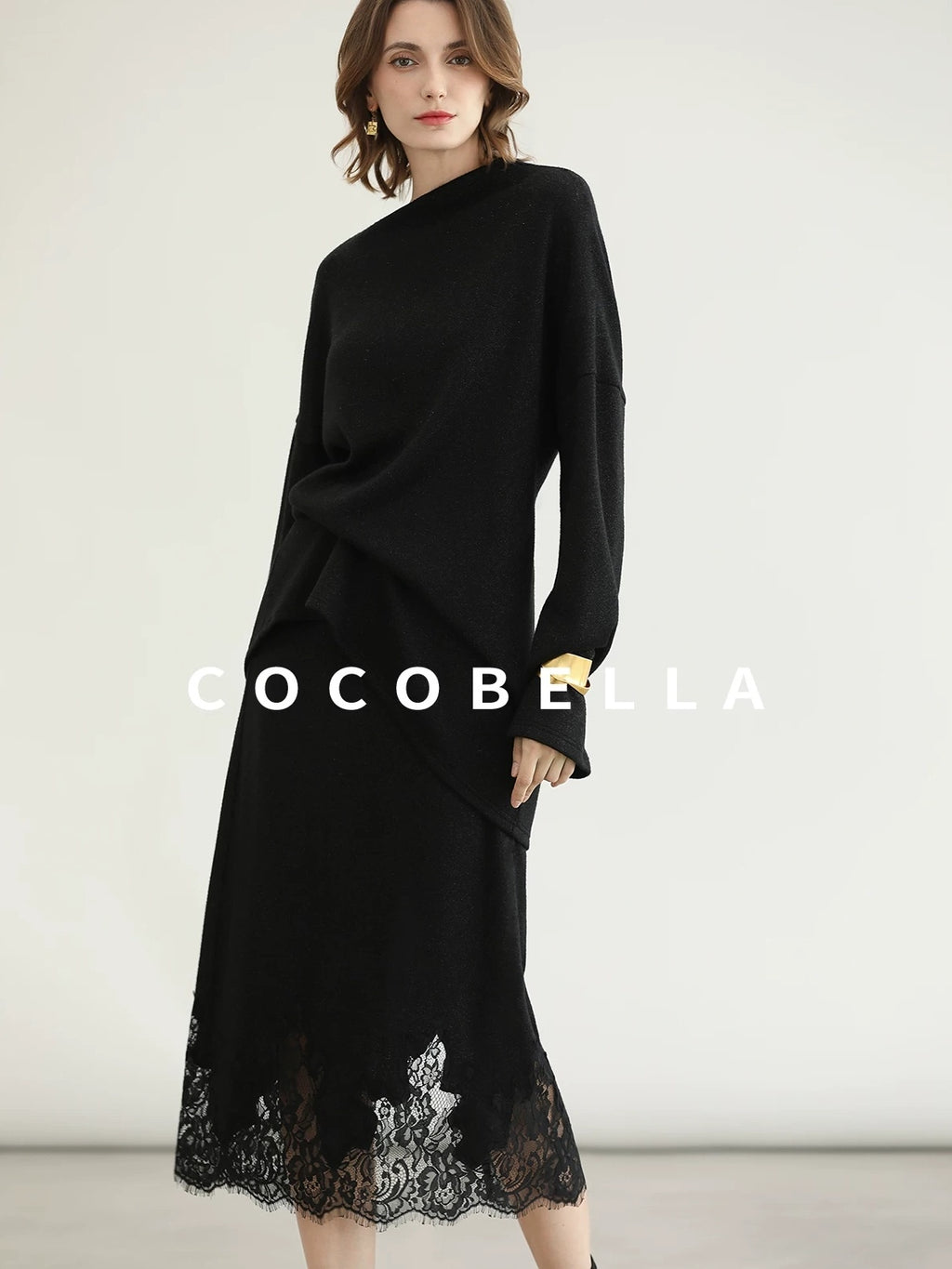 COCOBELLA Elegant Lace Patchwork H Line Mid Waist Women Classic Black Wrap Skirts