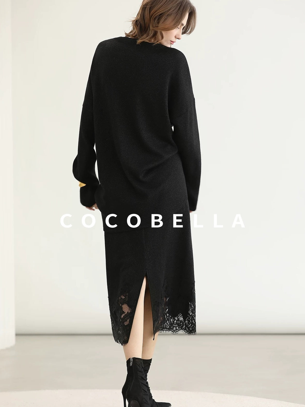 COCOBELLA Elegant Lace Patchwork H Line Mid Waist Women Classic Black Wrap Skirts