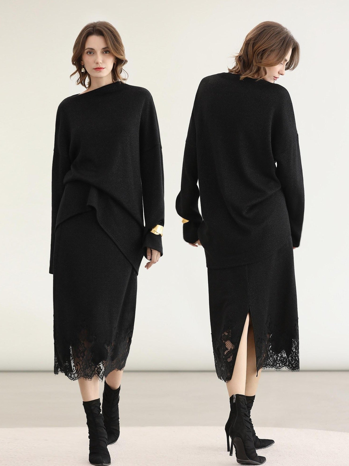 COCOBELLA Elegant Lace Patchwork H Line Mid Waist Women Classic Black Wrap Skirts